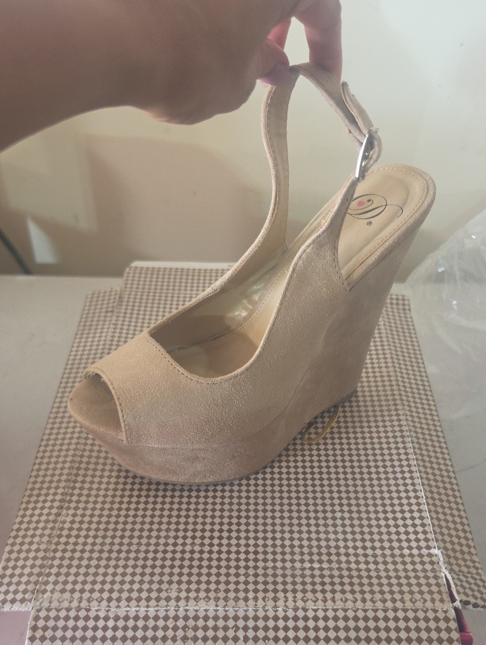 Neutral Suede Peep-Toe Wedge Slingback - Women